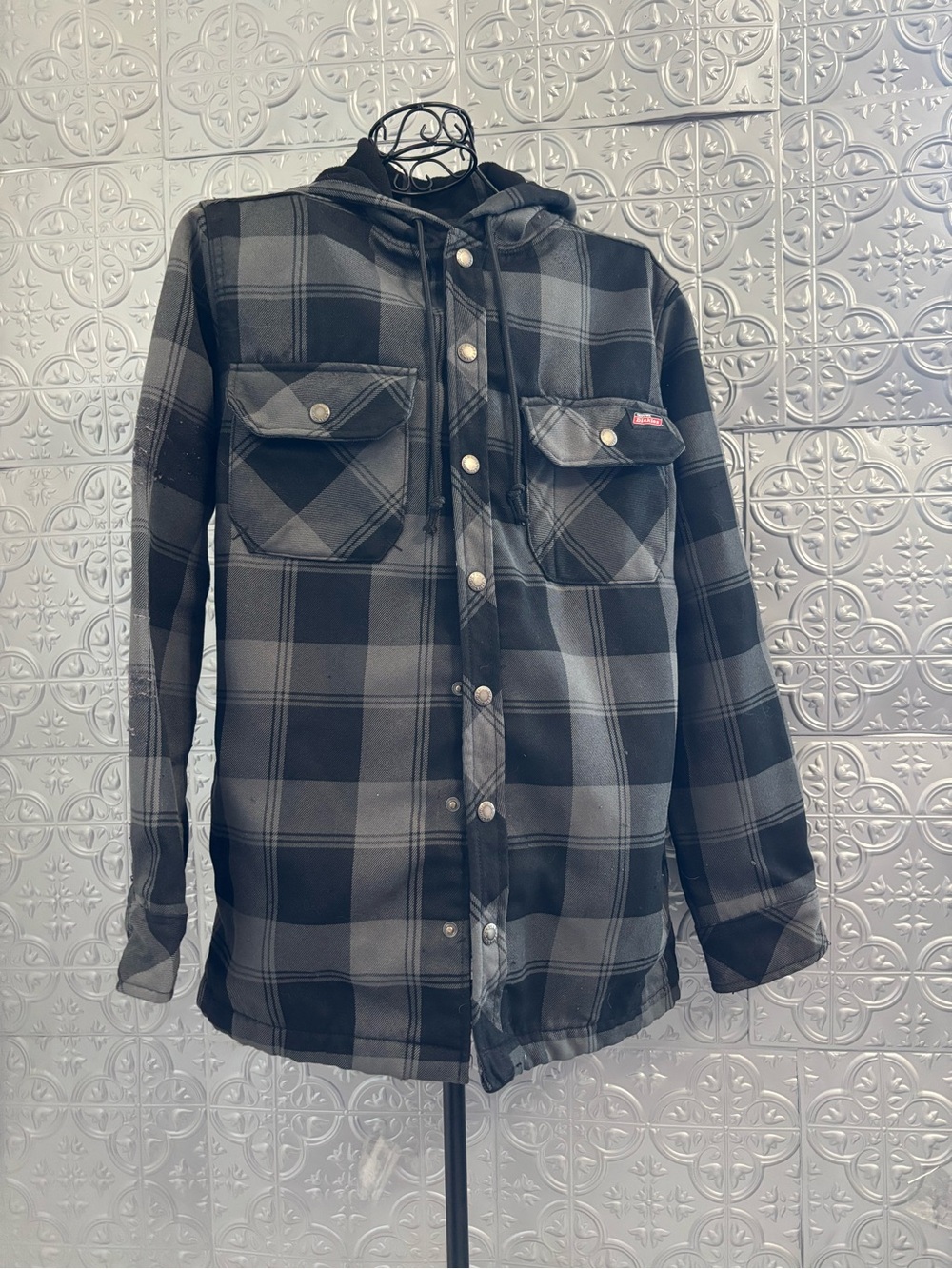 Vintage Dickies Plaid Black Long Sleeve Full Button Down Hoodie winter warm